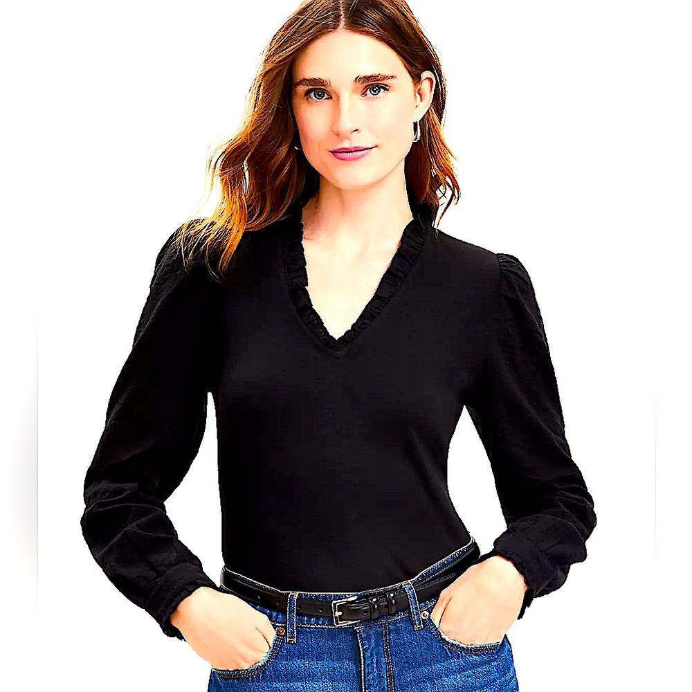 LOFT Black Ruffle Trim V-Neck Mixed Media Top Size Medium